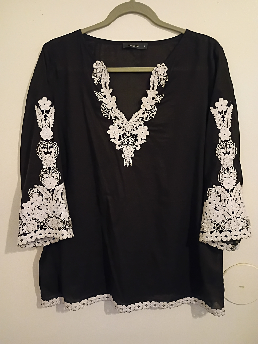 Theme Black Semi sheer Tunic with White Floral Embroidery Sz L